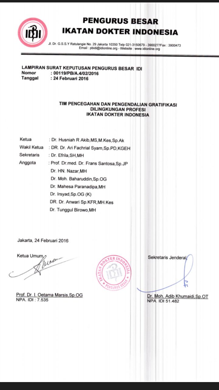 SK PB IDI No. 00119/PB/A.4/02/2016 Tentang Tim Pencegahan & Pengendalian Gratifikasi di Lingkungan Profesi Ikatan Dokter Indonesia